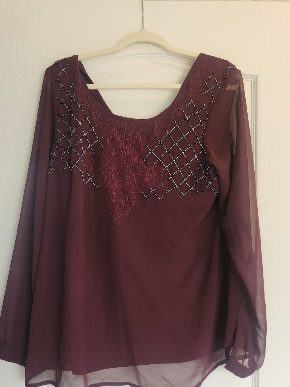 BKE Maroon Embroidered Sheer Sleeve Blouse L Euc